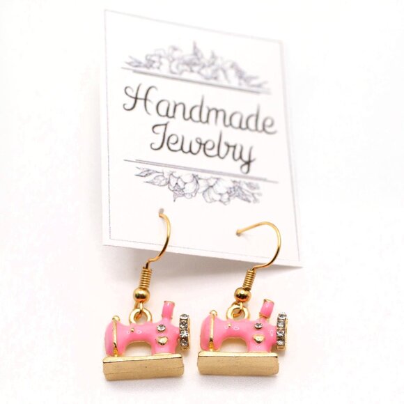 Handmade Pink Enamel Crystal Pave Vintage Style Sewing Machine Earrings, New - Picture 2 of 2